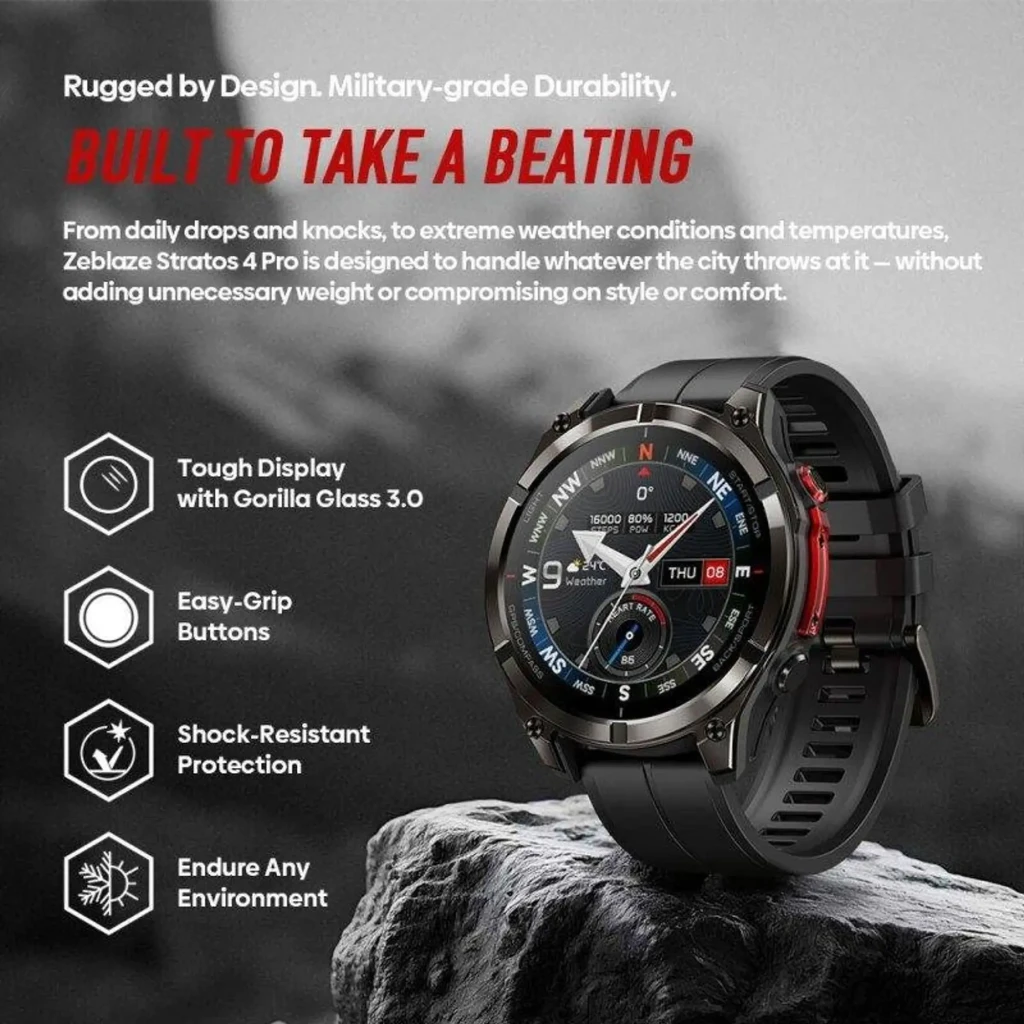 Zeblaze Stratos 4 Pro Bronze com caixa robusta, botões vermelhos, pulseira de silicone, tela redonda multifunção, mapas offline e lanterna LED bicolor - Item1