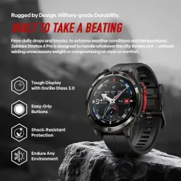 Zeblaze Stratos 4 Pro Preto com caixa robusta, mostrador redondo, botões antiderrapantes, bracelete preta, lanterna LED bicolor e tela Gorilla Glass 3.0