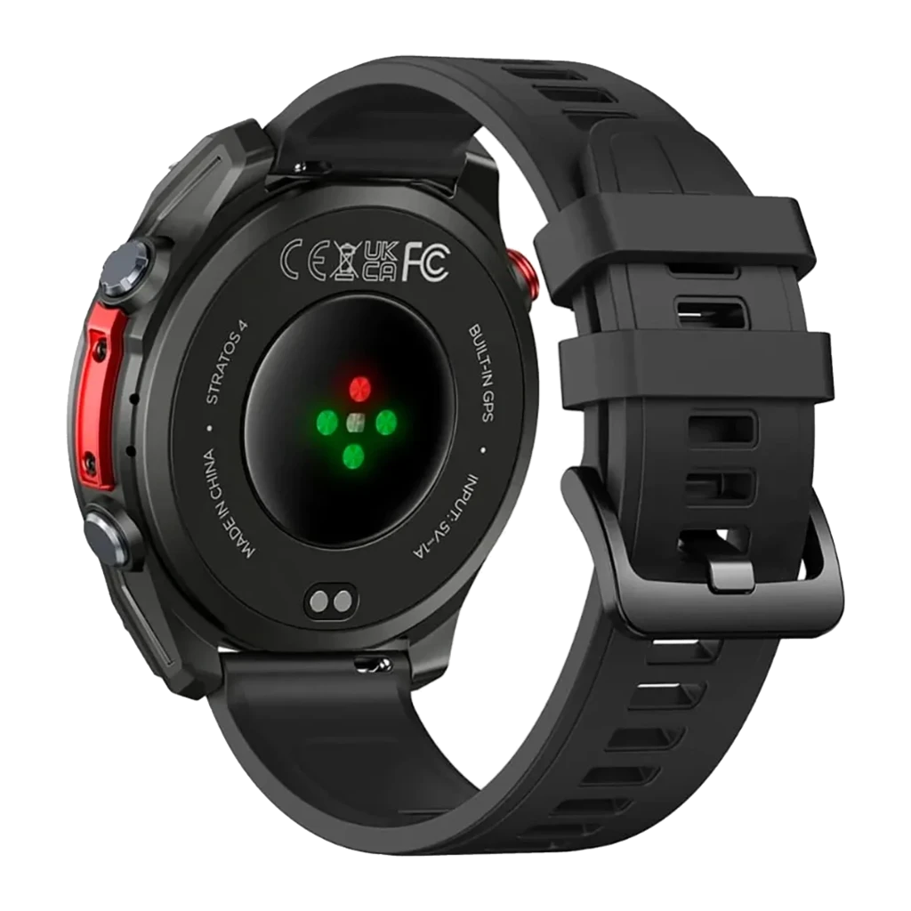 Montre connectée Zeblaze Stratos 4 Pro Noir avec boîtier robuste, lunette métallique, écran circulaire multi-cadrans, boutons rouges et bracelet silicone - Ítem11