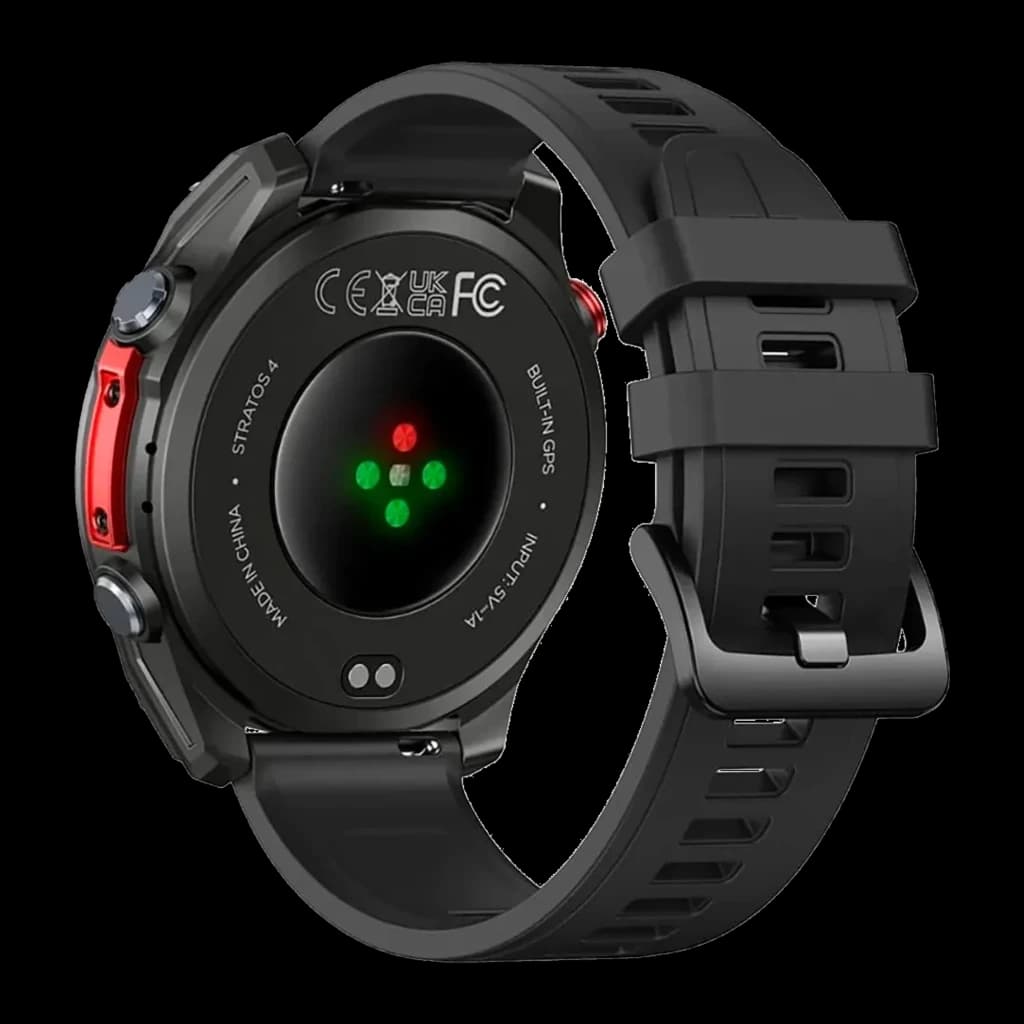 Zeblaze Stratos 4 Pro Preto com pulseira de silicone, caixa robusta, botões laterais metálicos, sensores verdes de saúde e carregamento magnético no verso