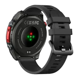 Zeblaze Stratos 4 Pro Preto com pulseira de silicone, caixa robusta, botões laterais metálicos, sensores verdes de saúde e carregamento magnético no verso