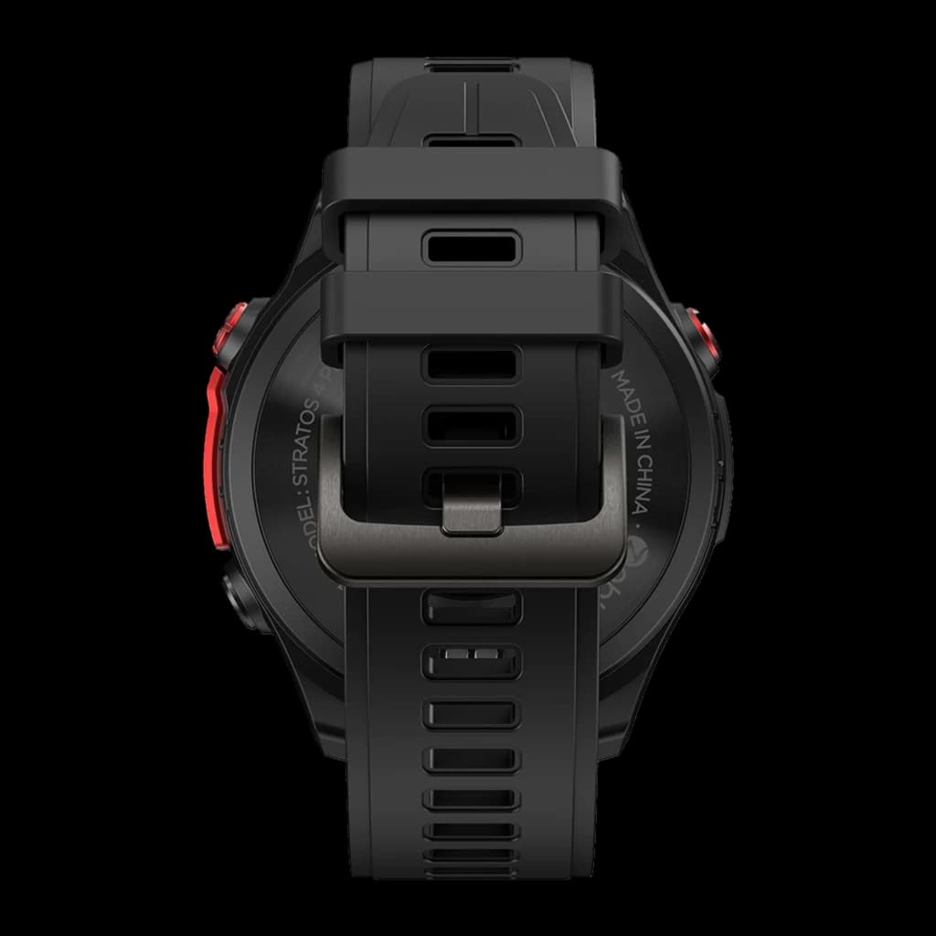 Zeblaze Stratos 4 Pro Preto com pulseira de silicone preta, fivela metálica robusta, botões laterais vermelhos e design esportivo resistente