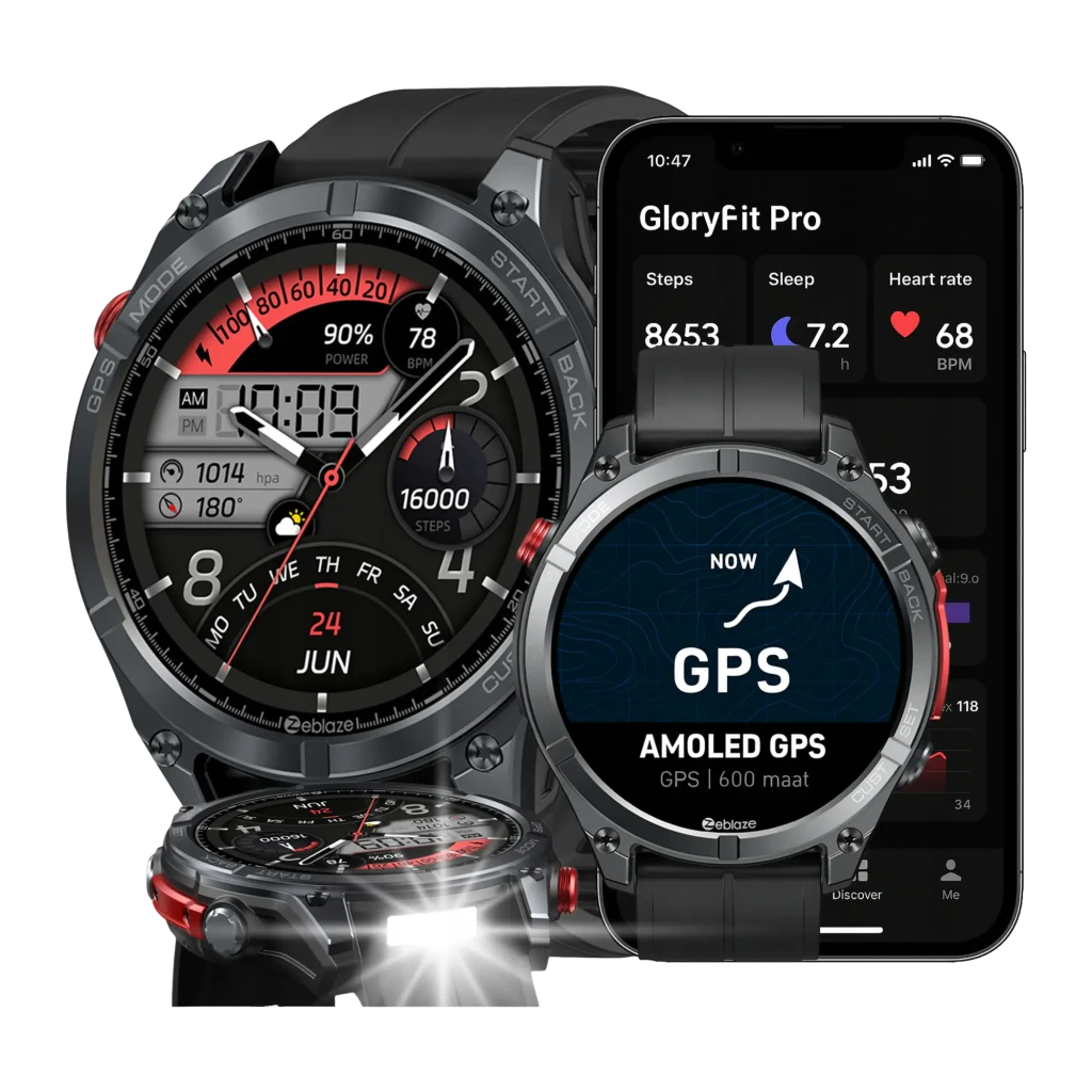 Montre connectée Zeblaze Stratos 4 Pro Noir avec boîtier robuste, lunette métallique, écran circulaire multi-cadrans, boutons rouges et bracelet silicone - Ítem8