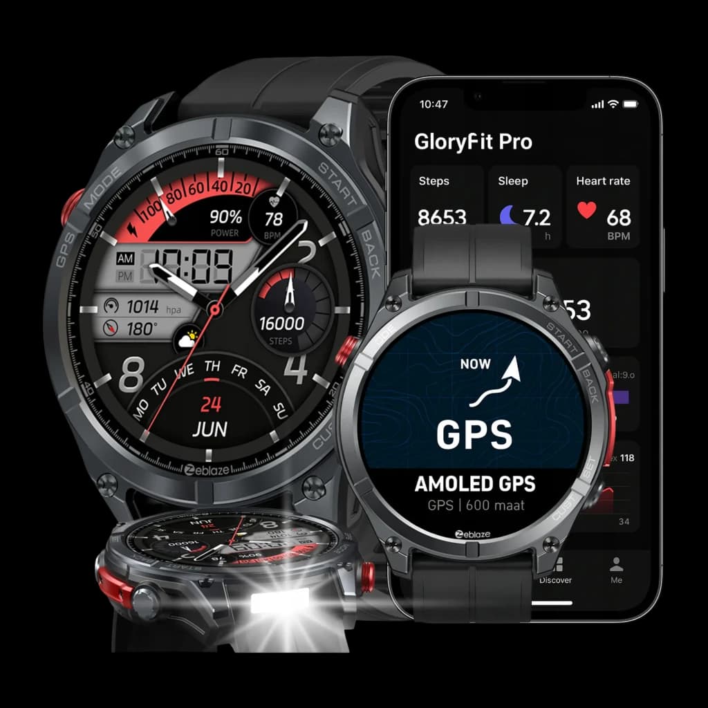 Zeblaze Stratos 4 Pro Preto com mostrador robusto, tela AMOLED, GPS, mapas offline com orientação passo a passo e lanterna LED bicolor integrada