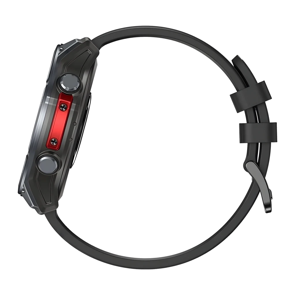 Montre connectée Zeblaze Stratos 4 Pro Noir avec boîtier robuste, lunette métallique, écran circulaire multi-cadrans, boutons rouges et bracelet silicone - Ítem7