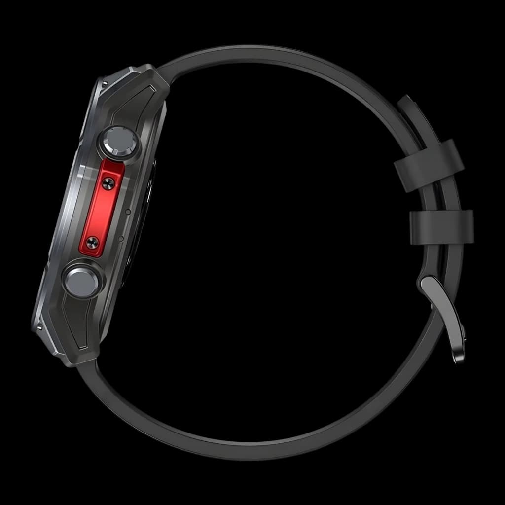 Zeblaze Stratos 4 Pro Preto com corpo robusto, lateral vermelha metálica, dois botões texturizados e pulseira de silicone; lanterna LED bicolor integrada