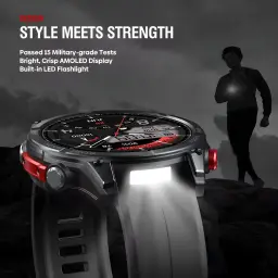 Zeblaze Stratos 4 Pro Preto com caixa robusta, mostrador AMOLED nítido, botões vermelhos, lanterna LED bicolor embutida e pulseira esportiva preta