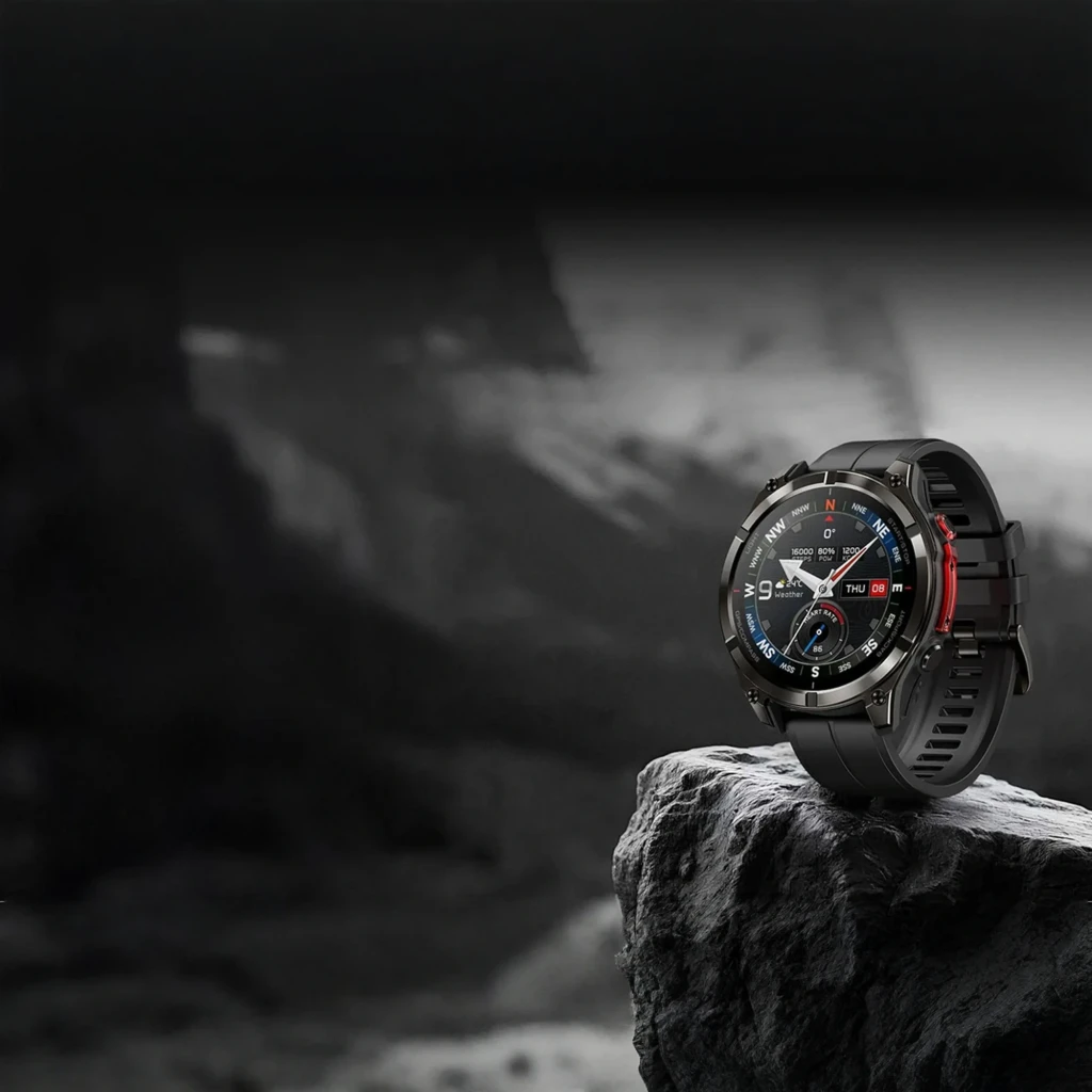 Montre connectée Zeblaze Stratos 4 Pro Noir avec boîtier robuste, lunette métallique, écran circulaire multi-cadrans, boutons rouges et bracelet silicone - Ítem9