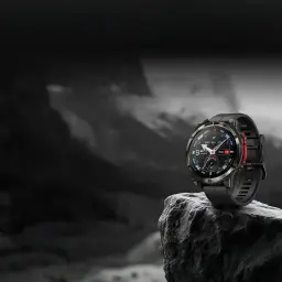 Relógio Zeblaze Stratos 4 Pro Preto com mostrador redondo, moldura robusta, pulseira de silicone, mapas offline com orientação e lanterna LED bicolor