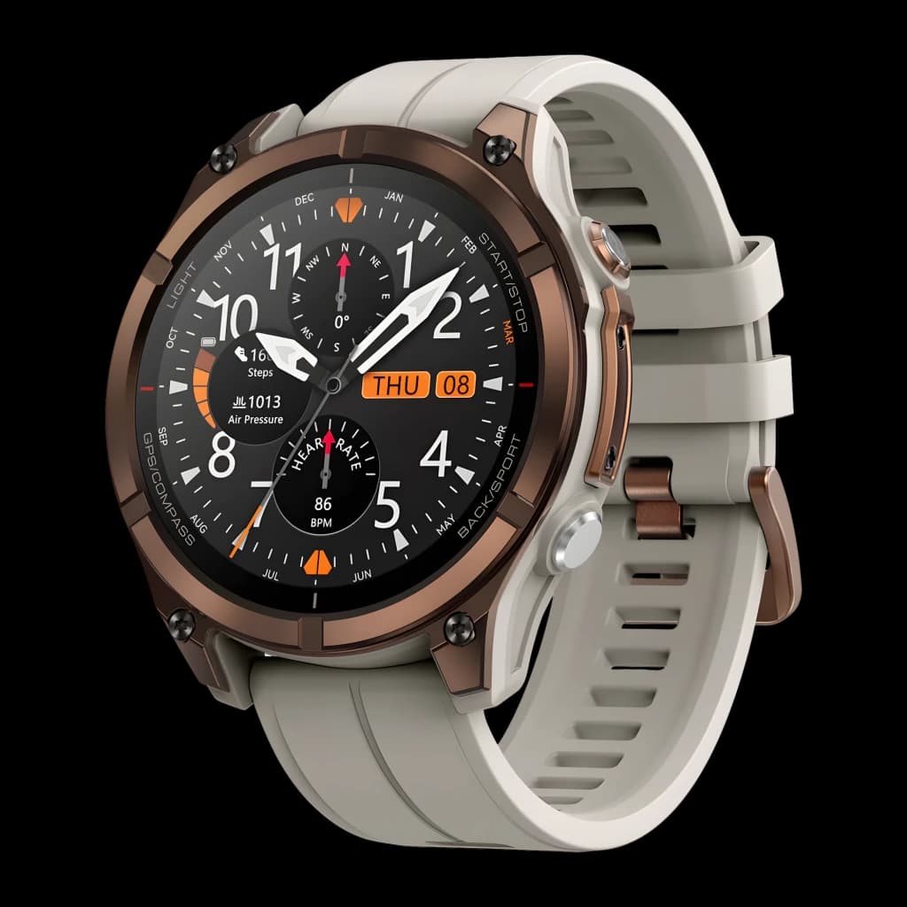 Zeblaze Stratos 4 Pro Bronze com caixa robusta, botões vermelhos, pulseira de silicone, tela redonda multifunção, mapas offline e lanterna LED bicolor