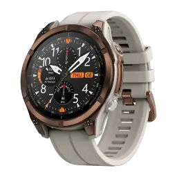 Zeblaze Stratos 4 Pro Bronze com caixa robusta, botões vermelhos, pulseira de silicone, tela redonda multifunção, mapas offline e lanterna LED bicolor