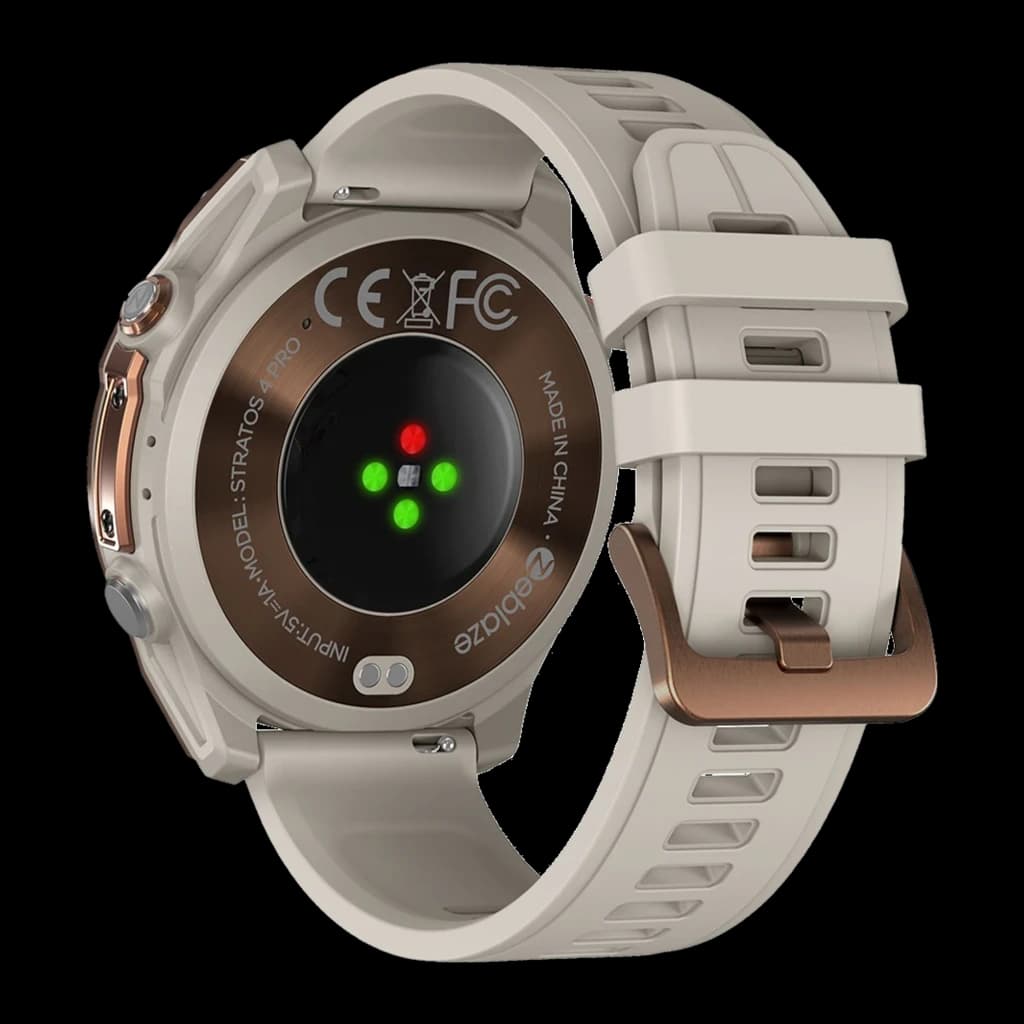 Zeblaze Stratos 4 Pro Bronze com caixa bronze, pulseira silicone bege, sensores cardíacos verdes, carregamento por indução e fecho robusto ajustável