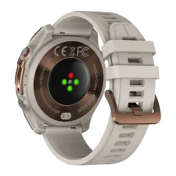 Zeblaze Stratos 4 Pro Bronze com caixa bronze, pulseira silicone bege, sensores cardíacos verdes, carregamento por indução e fecho robusto ajustável