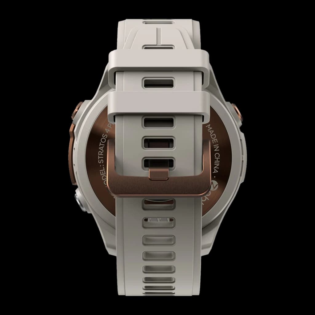 Zeblaze Stratos 4 Pro Bronze com pulseira silicone bege, fivela metálica bronze, traseira marrom, ventilação e fecho seguro; suporte a mapas offline e