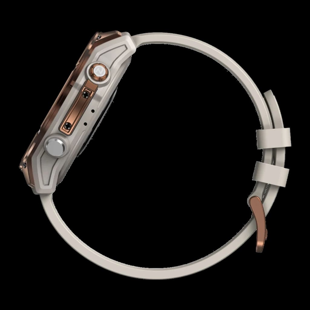 Zeblaze Stratos 4 Pro Bronze com caixa robusta bronze, perfil lateral ultrafino, dois botões, lanterna LED bicolor integrada e pulseira de silicone bege