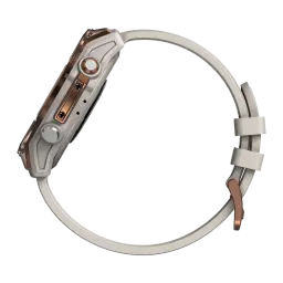 Zeblaze Stratos 4 Pro Bronze com caixa robusta bronze, perfil lateral ultrafino, dois botões, lanterna LED bicolor integrada e pulseira de silicone bege