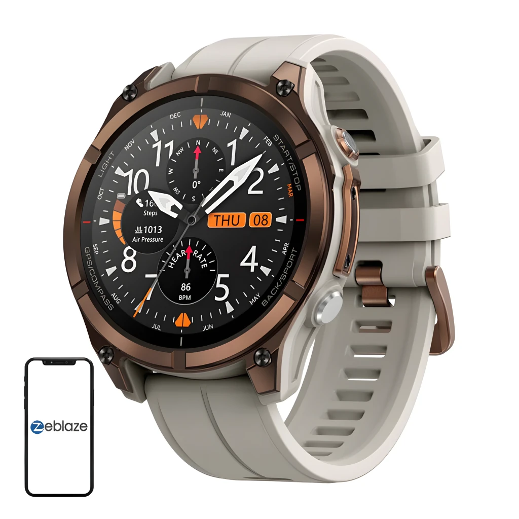 Zeblaze Stratos 4 Pro Bronze com caixa robusta, botões vermelhos, pulseira de silicone, tela redonda multifunção, mapas offline e lanterna LED bicolor - Item8