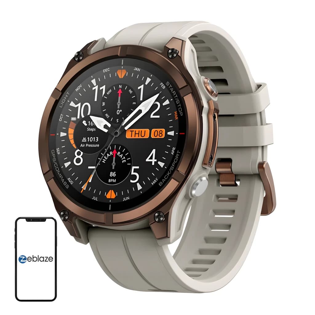 Zeblaze Stratos 4 Pro Bronze com caixa bronze robusta, pulseira silicone bege, mostrador analógico-digital, mapas offline, orientação passo a passo e