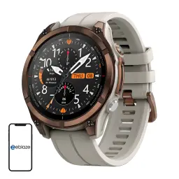 Zeblaze Stratos 4 Pro Bronze com caixa bronze robusta, pulseira silicone bege, mostrador analógico-digital, mapas offline, orientação passo a passo e