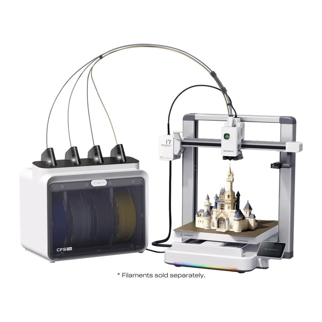 Imprimante 3D Creality SPARKX i7 CFS Lite FDM 4 couleurs, bobine verte sur support, cadre métal rigide, plateau doré, écran tactile, éclairage RGB - Ítem1