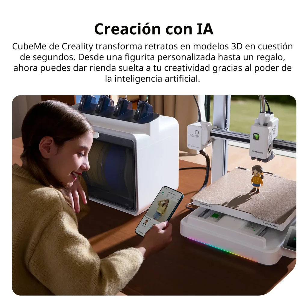 Imprimante 3D Creality SPARKX i7 CFS Lite FDM 4 couleurs, bobine verte sur support, cadre métal rigide, plateau doré, écran tactile, éclairage RGB - Ítem11