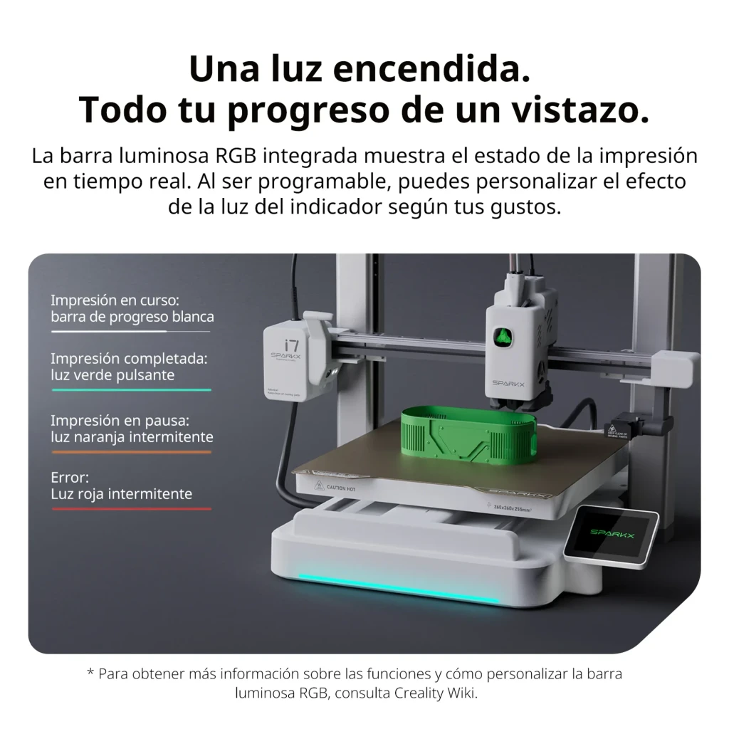 Imprimante 3D Creality SPARKX i7 CFS Lite FDM 4 couleurs, bobine verte sur support, cadre métal rigide, plateau doré, écran tactile, éclairage RGB - Ítem7