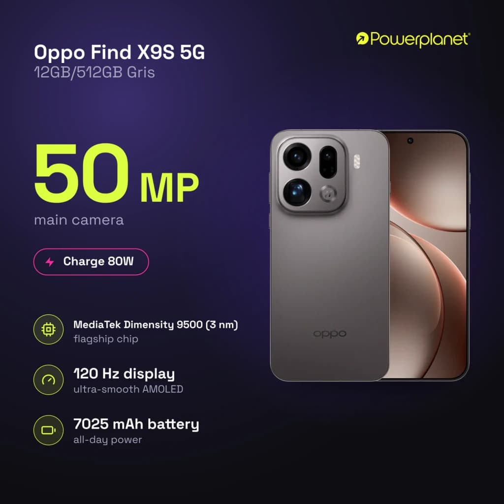 Smartphone Oppo Find X9S 5G gris con módulo de cámara triple prominente y periscópico 3x, pantalla AMOLED 6,59 pulgadas 120Hz, diseño elegante y delgado