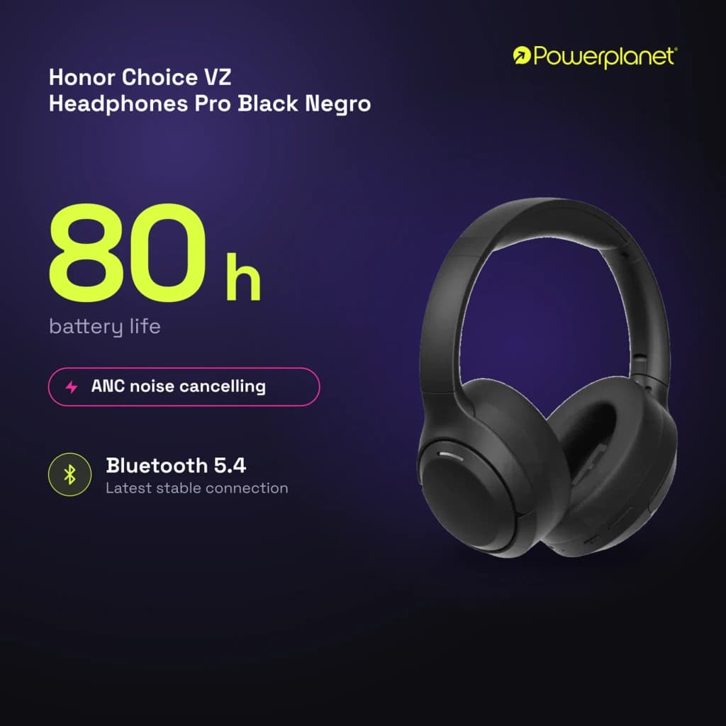 Auscultadores Honor Choice VZ Headphones Pro ANC Adaptativa, over-ear pretos, design minimalista, arcos acolchoados, copas suaves, destaque 80 h e Bluetooth 5.4