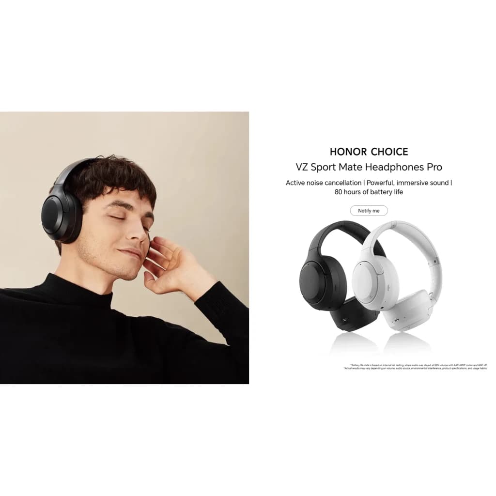Auscultadores Honor Choice VZ Headphones Pro ANC Adaptativa em preto e branco, design over-ear com almofadas macias, arco ajustável e botões laterais