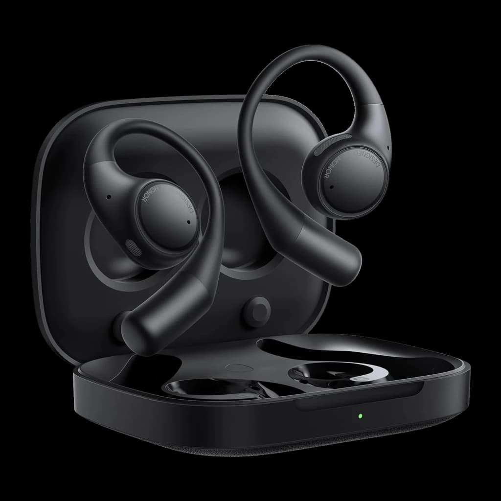 Auriculares Honor Earbuds Open Preto com design open-ear, estojo compacto magnético, hastes ergonômicas, microfones visíveis e LEDs frontais Bluetooth 5.2
