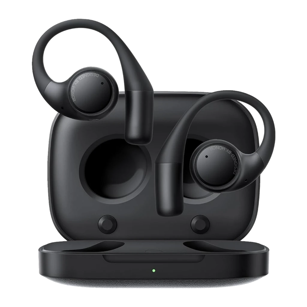 Écouteurs open-ear noirs avec contour d oreille, boîtier de charge compact, design mat, commandes tactiles et ports magnétiques visibles - Ítem1