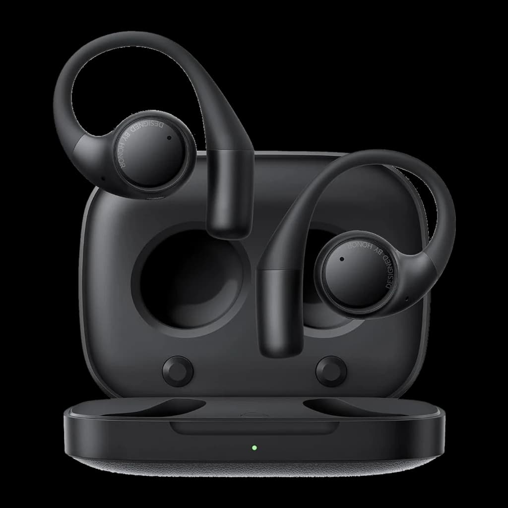 Auriculares Honor Earbuds Open Preto com design open ear, ganchos ergonômicos, estojo de carregamento magnético e LEDs indicadores; acabamento fosco elegante