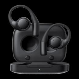 Auriculares Honor Earbuds Open Preto com design open ear, ganchos ergonômicos, estojo de carregamento magnético e LEDs indicadores; acabamento fosco elegante