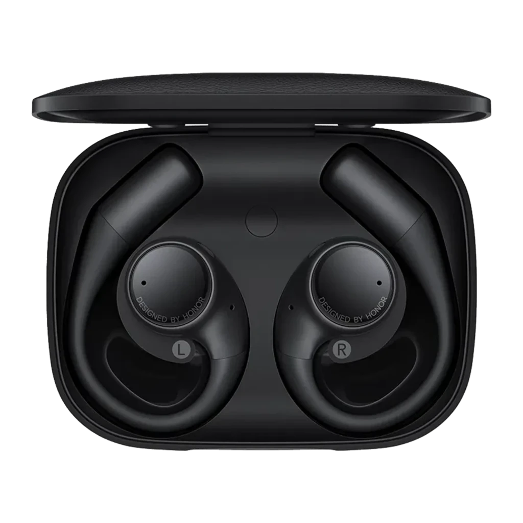 Écouteurs open-ear noirs avec contour d oreille, boîtier de charge compact, design mat, commandes tactiles et ports magnétiques visibles - Ítem2