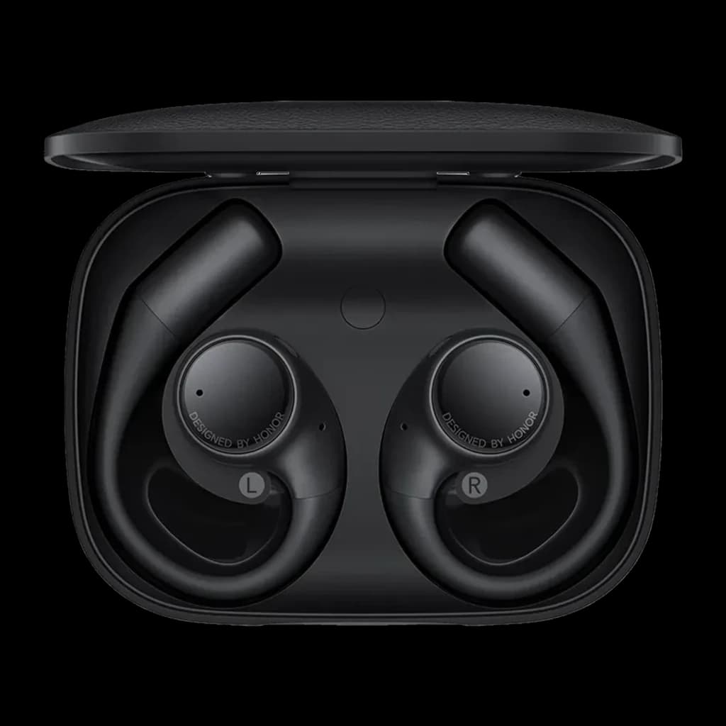 Auriculares Honor Earbuds Open Preto com design open-ear, ganchos ergonômicos, estojo preto compacto e indicadores L e R, Bluetooth 5.2 e cancelamento de