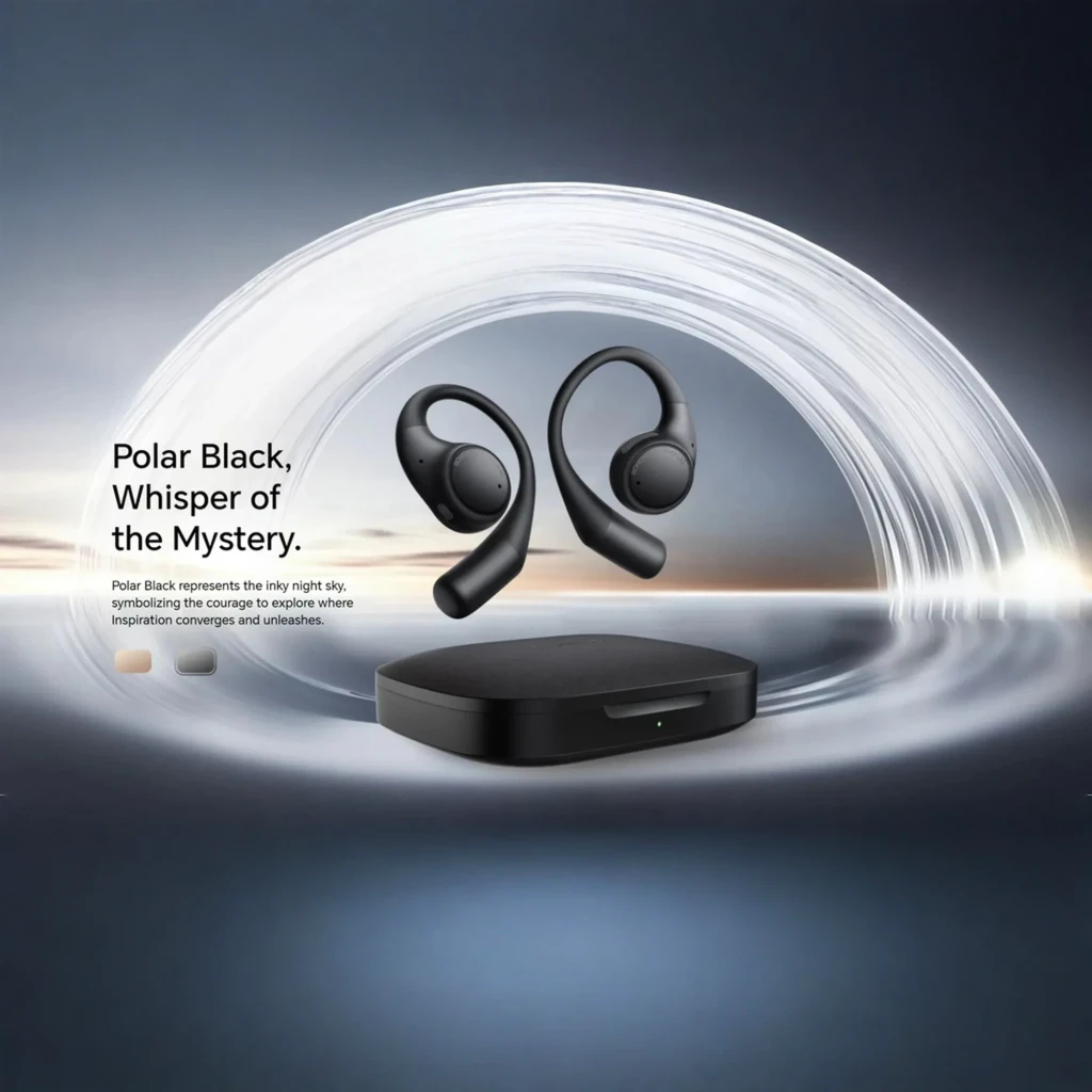 Écouteurs open-ear noirs avec contour d oreille, boîtier de charge compact, design mat, commandes tactiles et ports magnétiques visibles - Ítem3