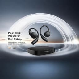 Auriculares Honor Earbuds Open Preto com design open-ear, ganchos ergonômicos, estojo compacto preto e indicador LED, estilo moderno e esportivo