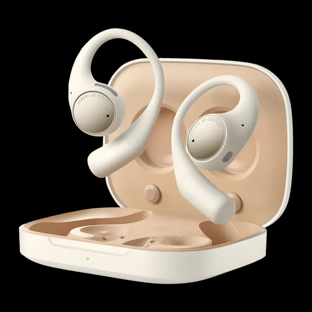 Auriculares Honor Earbuds Open Cancelamento de Ruído Open-Ear Bluetooth 5.2 em bege com estojo compacto, gancho ergonômico e drivers circulares expostos