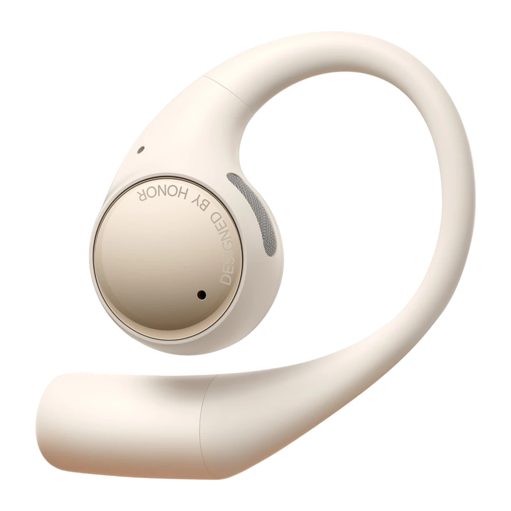 Boîtier beige avec écouteurs open ear à crochet, embouts arrondis, LED frontale et ports de charge internes, design léger et ergonomique Bluetooth 5.2 - Ítem2