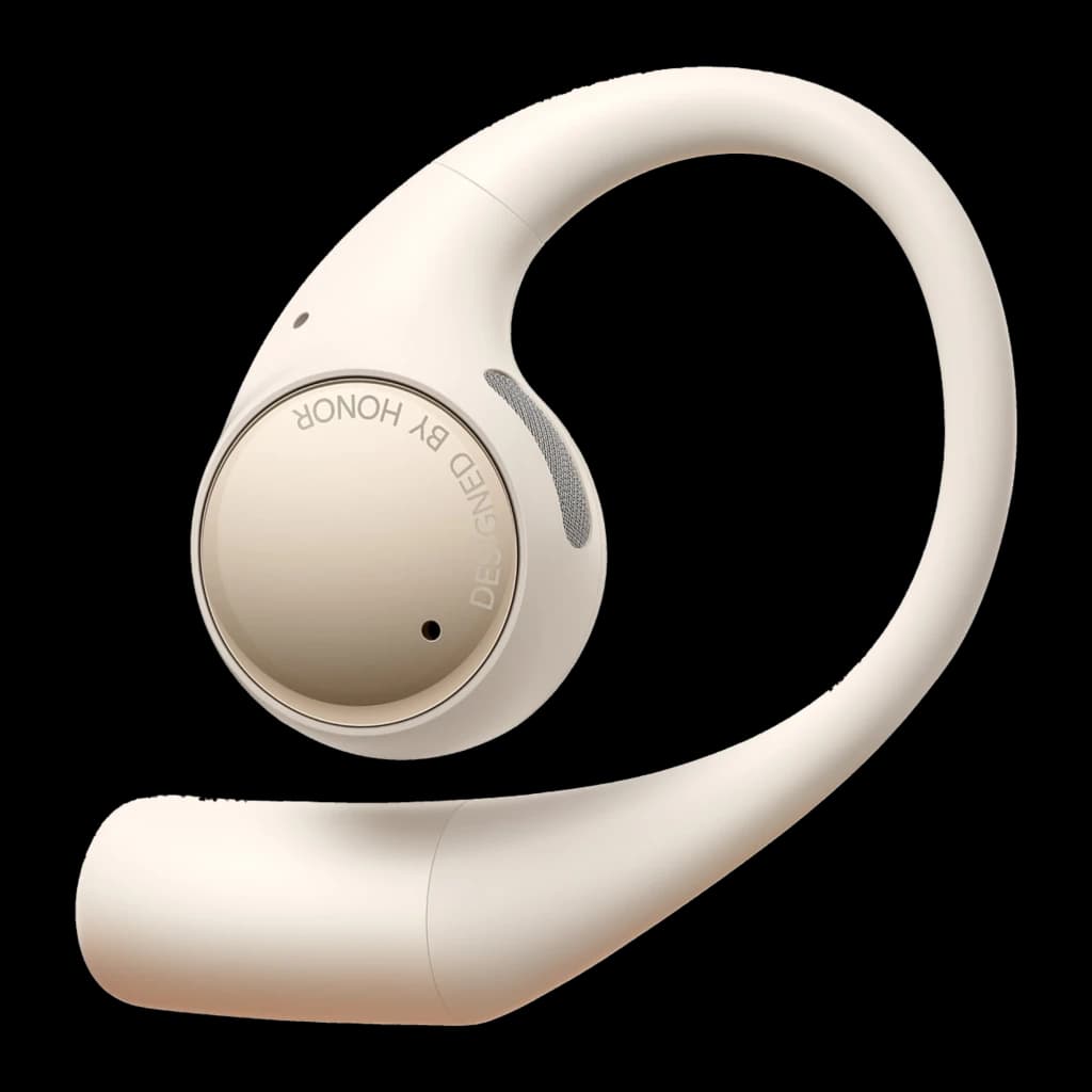 Auriculares Honor Earbuds Open em bege, design open-ear com gancho curvo, cápsula redonda metálica e grelhas de microfone; conexão Bluetooth 5.2 e ANC