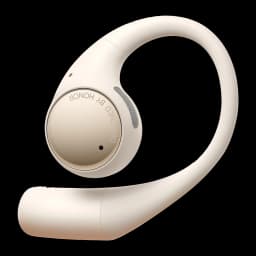 Auriculares Honor Earbuds Open em bege, design open-ear com gancho curvo, cápsula redonda metálica e grelhas de microfone; conexão Bluetooth 5.2 e ANC