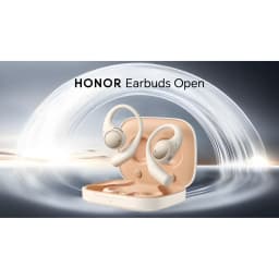 Auriculares Honor Earbuds Open em estojo bege, design open-ear com ganchos curvos, cancelamento de ruído e conexão Bluetooth 5.2