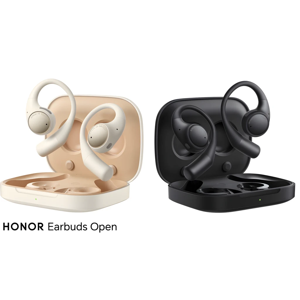 Boîtier beige avec écouteurs open ear à crochet, embouts arrondis, LED frontale et ports de charge internes, design léger et ergonomique Bluetooth 5.2 - Ítem8