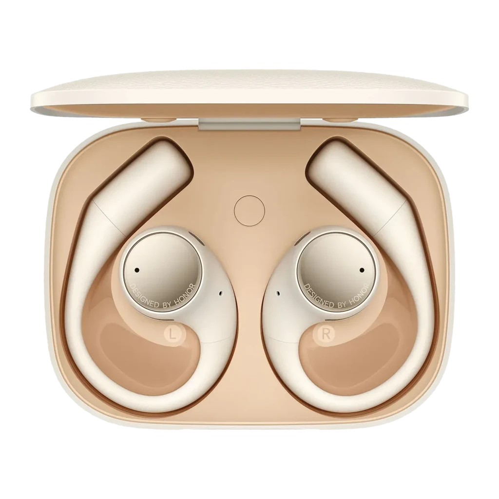 Boîtier beige avec écouteurs open ear à crochet, embouts arrondis, LED frontale et ports de charge internes, design léger et ergonomique Bluetooth 5.2 - Ítem1