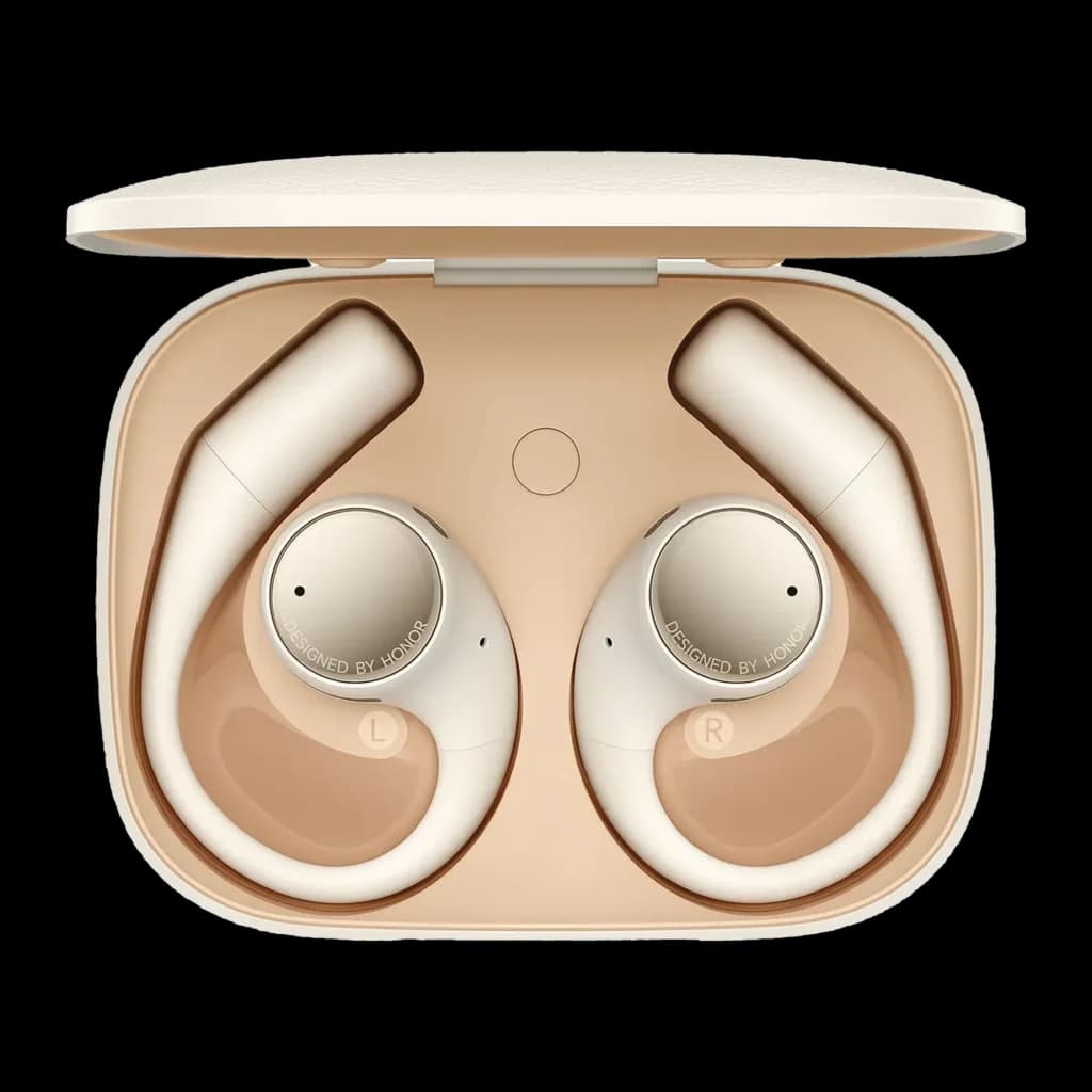 Auriculares Honor Earbuds Open em estojo bege, design open-ear com ganchos ergonômicos, indicadores L e R, acabamento metálico e formato compacto