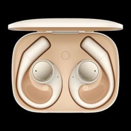 Auriculares Honor Earbuds Open em estojo bege, design open-ear com ganchos ergonômicos, indicadores L e R, acabamento metálico e formato compacto