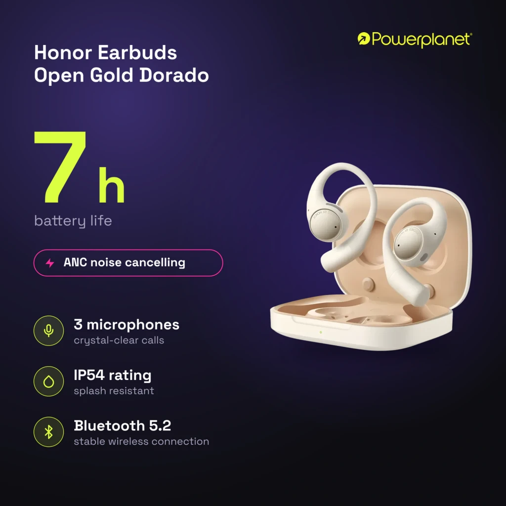 Boîtier beige avec écouteurs open ear à crochet, embouts arrondis, LED frontale et ports de charge internes, design léger et ergonomique Bluetooth 5.2 - Ítem3