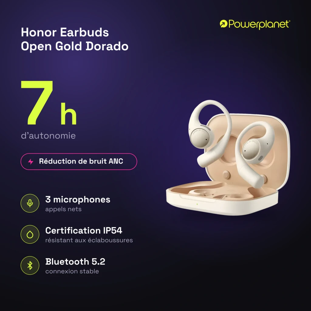 Boîtier beige avec écouteurs open ear à crochet, embouts arrondis, LED frontale et ports de charge internes, design léger et ergonomique Bluetooth 5.2 - Ítem4