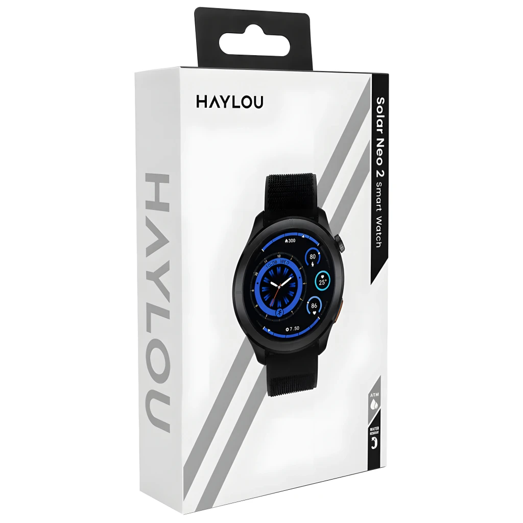 Montre connectée Haylou Solar Neo 2 noire avec cadran rond, écran couleur bleu, boîtier métal, bouton latéral orange et bracelet silicone noir - Ítem7