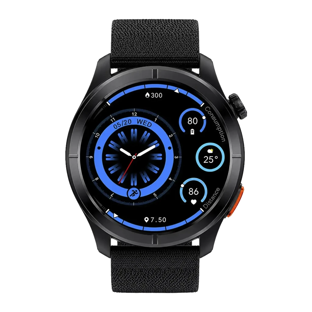 Montre connectée Haylou Solar Neo 2 noire avec cadran rond, écran couleur bleu, boîtier métal, bouton latéral orange et bracelet silicone noir - Ítem1